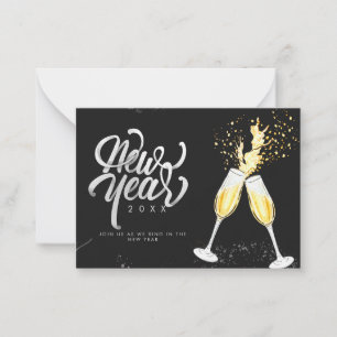 Tarjeta Pequeña Champagne Gold Black Wine Glass Confetti Moderno