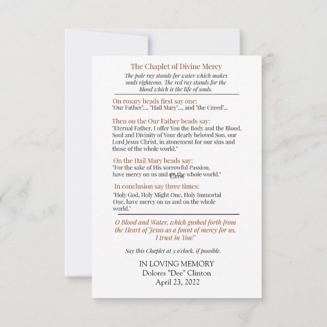 Tarjeta Pequeña Chaplet Divine Mercy Prayer Card (Reverso)