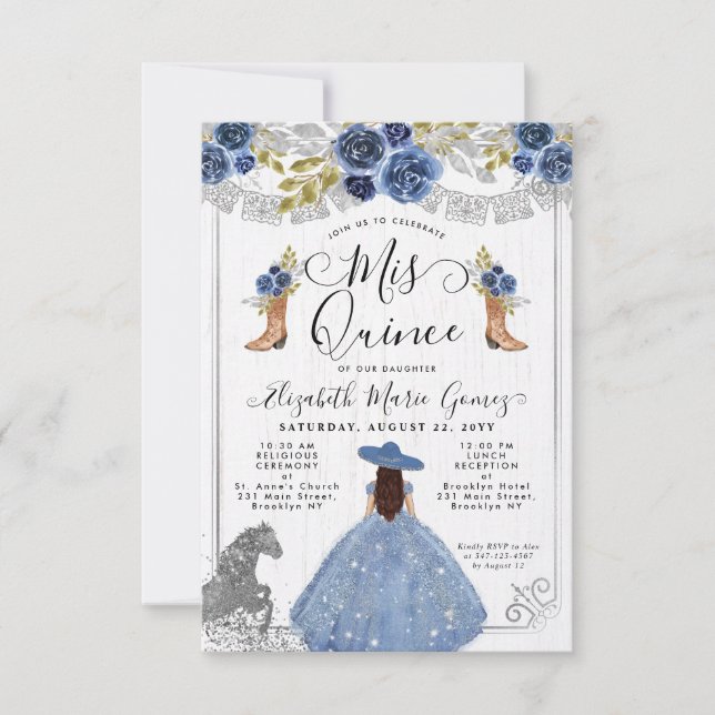 Tarjeta Pequeña Charra Quinceanera floral de plata azul (Anverso)