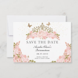 Tarjeta Pequeña CHEAP Blush Pink Floral Gold Tiara Quinceanera