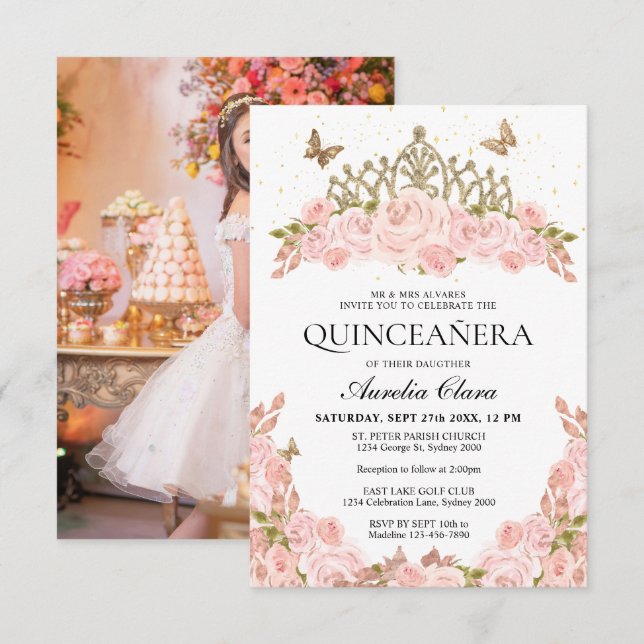Tarjeta Pequeña Cheap Blush Pink Floral Tiara Photo Quinceanera (Anverso / Reverso)