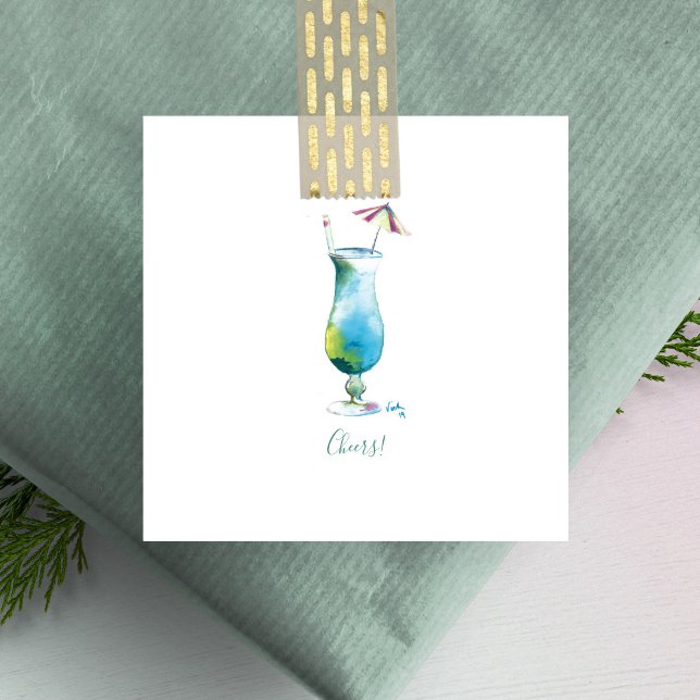 Tarjeta Pequeña Cheque Mini cóctel Holiday Blue Hawaii (Watercolor blue Hawaii cocktail mini notecards unique art by Victoria Grigaliunas of Do Tell A Belle)