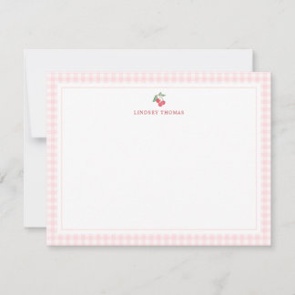 Tarjeta Pequeña Cherries Pink Gingham Border Personalized