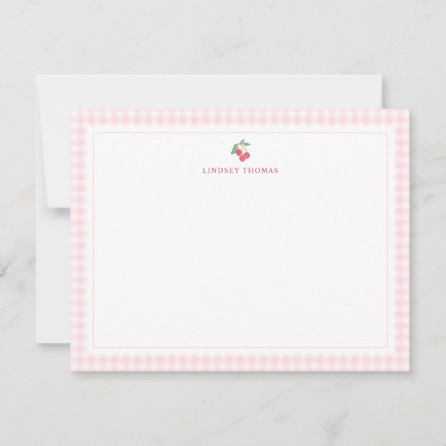 Tarjeta Pequeña Cherries Pink Gingham Border Personalized (Anverso)