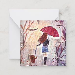 Tarjeta Pequeña Chica caminando perro mini notecard 2.5"