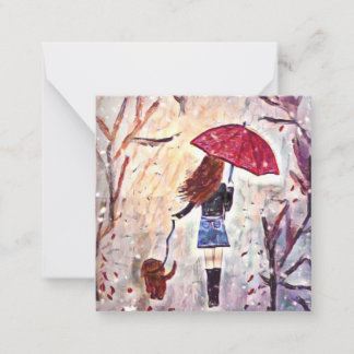 Tarjeta Pequeña Chica caminando perro mini notecard 2.5"