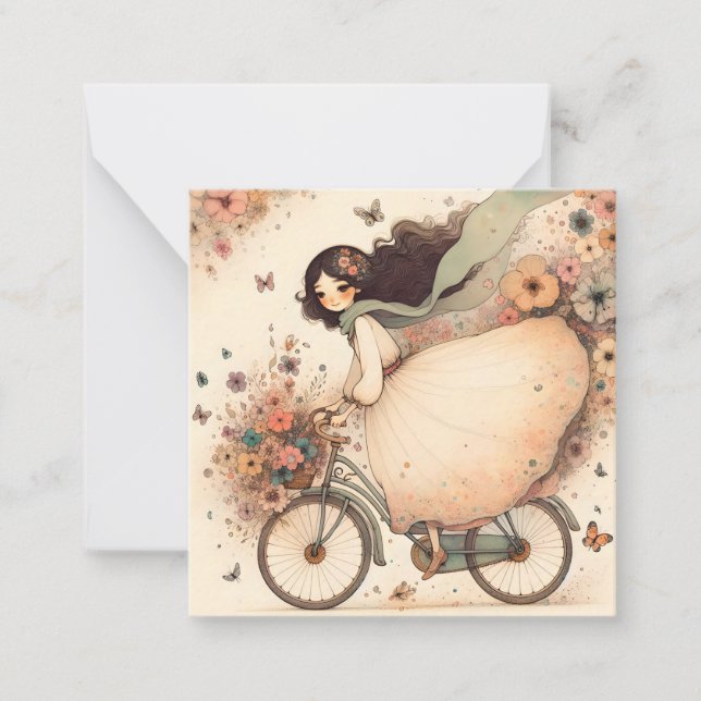 Tarjeta Pequeña Chica caprichoso en una bicicleta (Anverso)
