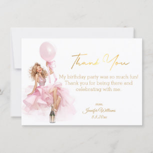 Tarjeta Pequeña Chica de vestido rosa con guión dorado Cumpleaños