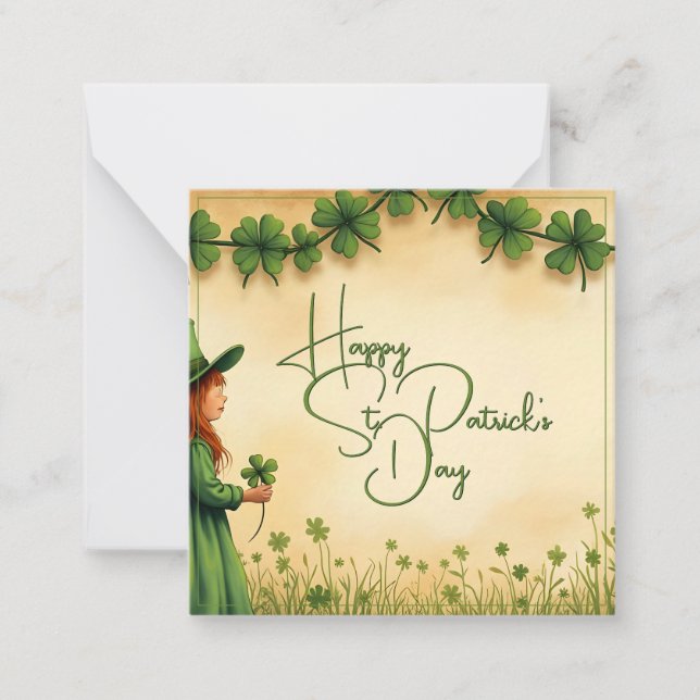 Tarjeta Pequeña Chica del Día de San Patricio con Shamrock (Anverso)
