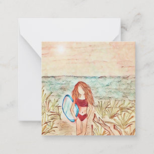 Tarjeta Pequeña Chica en la playa con boogie board mini notecard 2