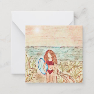 Tarjeta Pequeña Chica en la playa con boogie board mini notecard 2