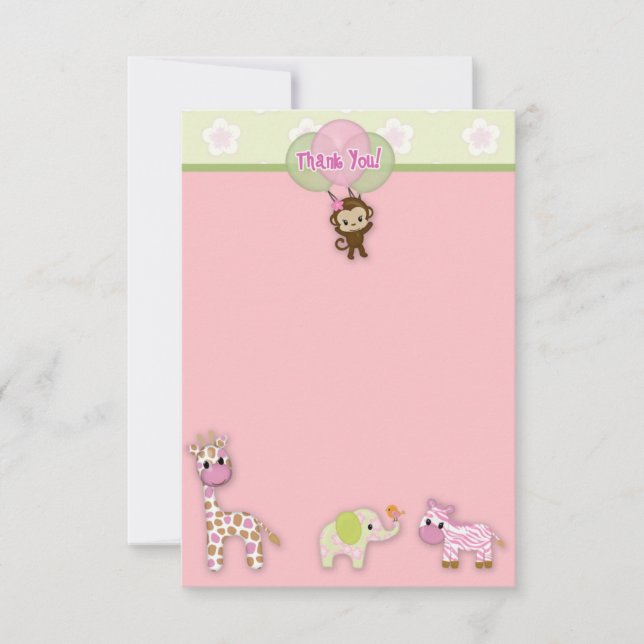 Tarjeta Pequeña Chica Jungle Animal Baby Shower Gracias 3.5"x5" (Anverso)