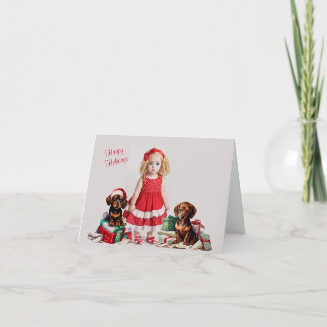 Tarjeta Pequeña Chica rubia con Navidades de Dachshund (Anverso)