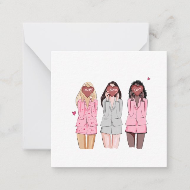 Tarjeta Pequeña Chicas rosados del ilustracion feliz de cumpleaños (Anverso)