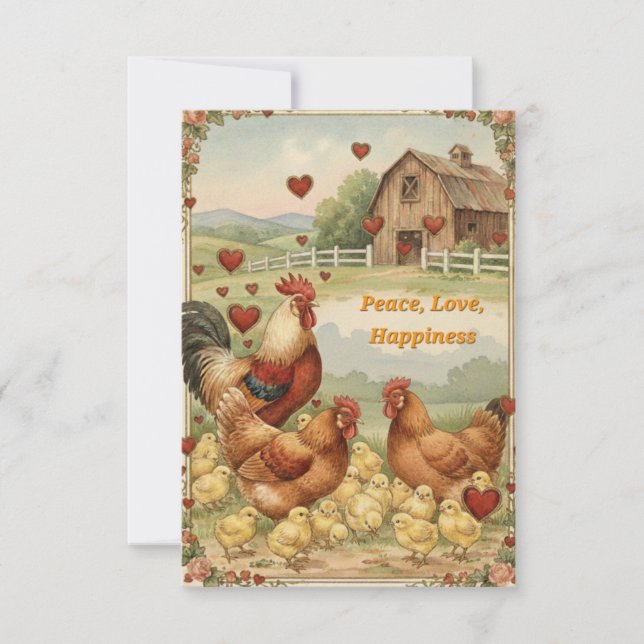 Tarjeta Pequeña Chicken Barnyard Love, Peace Valentine's day card (Anverso)