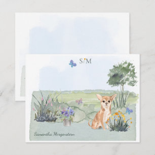 Tarjeta Pequeña Chihuahua Dog Butterfly Meadow Monograma Nombre