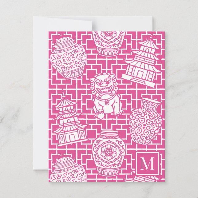 Tarjeta Pequeña Chinoiserie Pagoda – Hot Pink Preppy Asian Garden (Anverso)