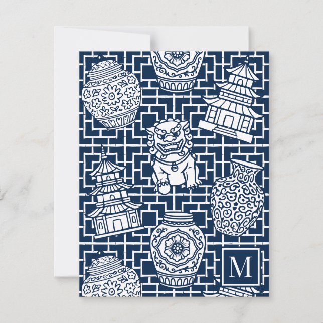 Tarjeta Pequeña Chinoiserie Pagoda – Navy Preppy Asian Garden (Anverso)