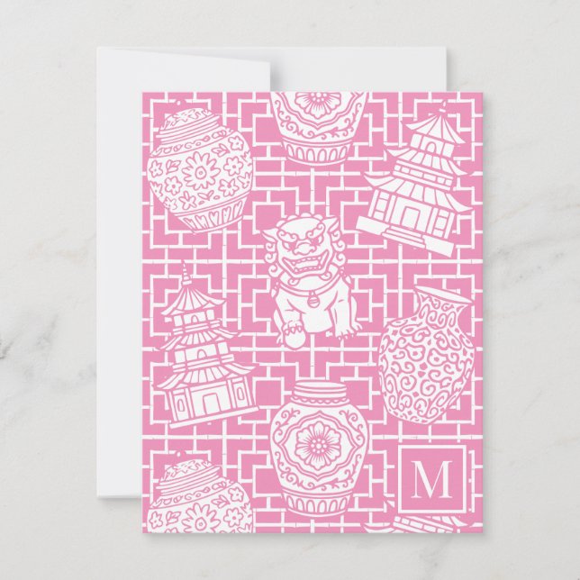 Tarjeta Pequeña Chinoiserie Pagoda – Pink Preppy Asian Garden (Anverso)