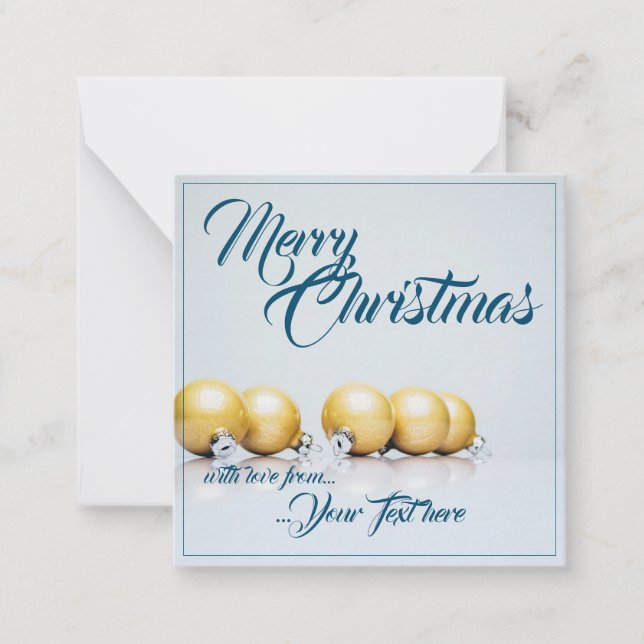 Tarjeta Pequeña Cinco bolas de navidades dorados - escritura azul (Anverso)