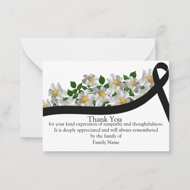 Tarjeta Pequeña Cinta negra de flor blanca después del funeral gra (Anverso)