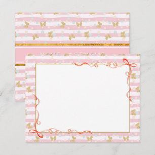 Tarjeta Pequeña Cinta Rosa Elegante, Mariposa Dorada y Lunares