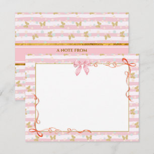 Tarjeta Pequeña Cinta Rosa Elegante, Mariposa Dorada y Lunares