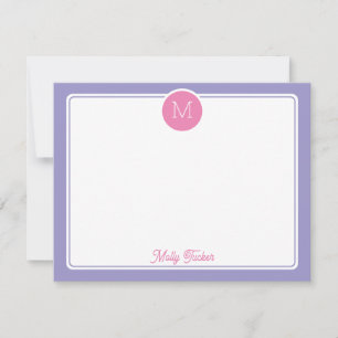 Tarjeta Pequeña Círculo Monograma Inicial Preppy Rosa Purpura