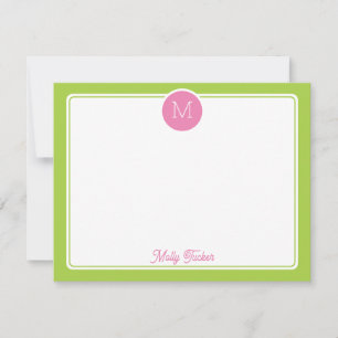 Tarjeta Pequeña Círculo Monograma Preppy Pink & Lime Green