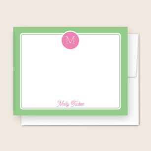 Tarjeta Pequeña Círculo Monograma Preppy Rosa y Verde