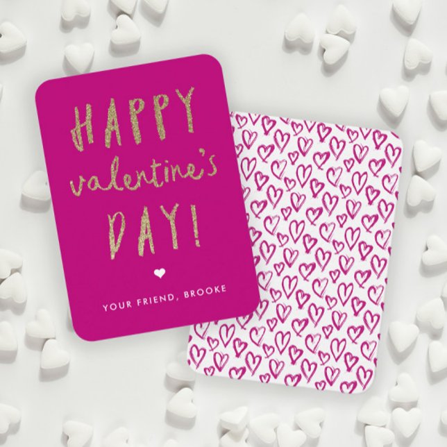 Tarjeta Pequeña Clase Purpurina de oro Feliz Día de San Valentín (Gold Glitter Handwritten Classroom Valentine Day Cards.)