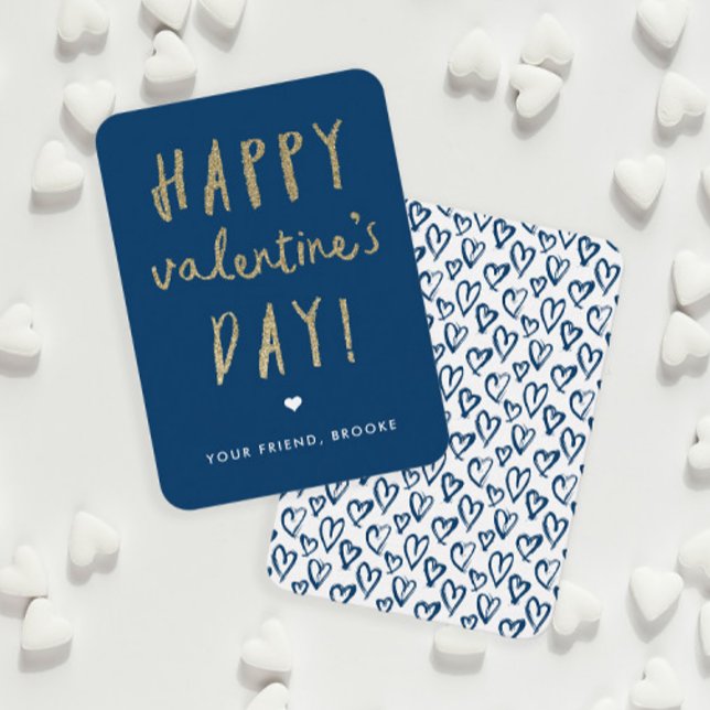 Tarjeta Pequeña Clase Purpurina de oro Feliz Día de San Valentín (Gold Glitter Handwritten Classroom Valentine Day Cards.)