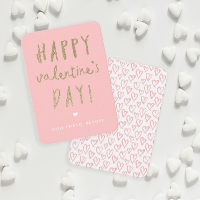 Tarjeta Pequeña Clase Purpurina de oro Feliz Día de San Valentín (Gold Glitter Handwritten Classroom Valentine Day Cards.)