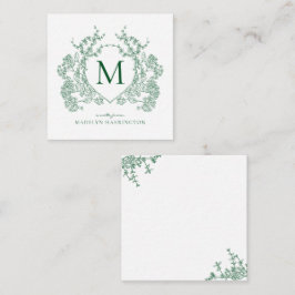 Tarjeta Pequeña Clásico Monograma de Cresta Floral Verde Esmeralda