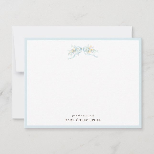 Tarjeta Pequeña Classic Blue Bow Nursery Note Card – Personalized (Anverso)
