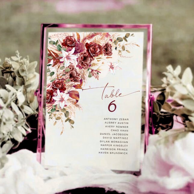 Tarjeta Pequeña Classic Burgundy Rose & Blush Floral Table Number (Subido por el creador)