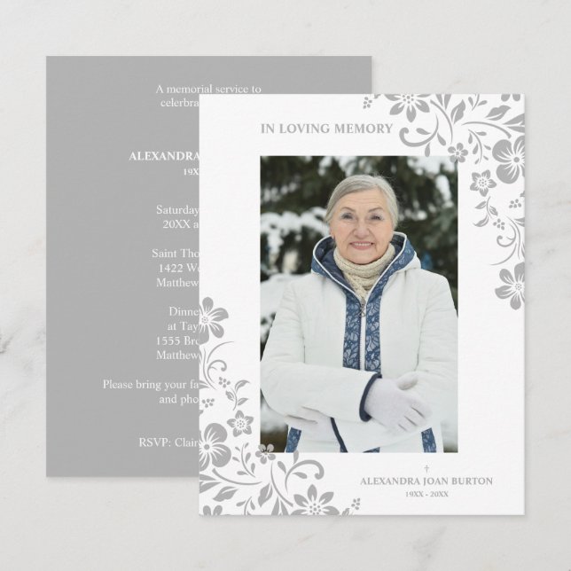 Tarjeta Pequeña Classic Grey Floral Funeral Service Dear One Photo (Anverso / Reverso)