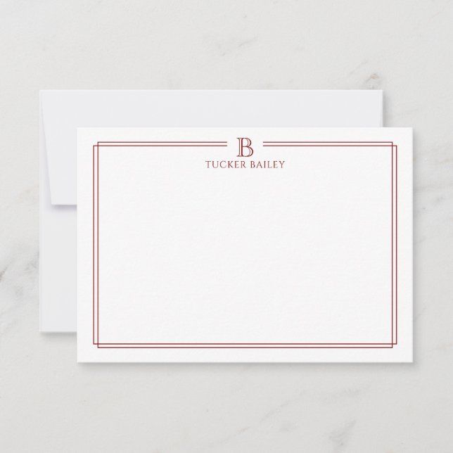 Tarjeta Pequeña Classic Initial Monogram Red Border Stationery (Anverso)