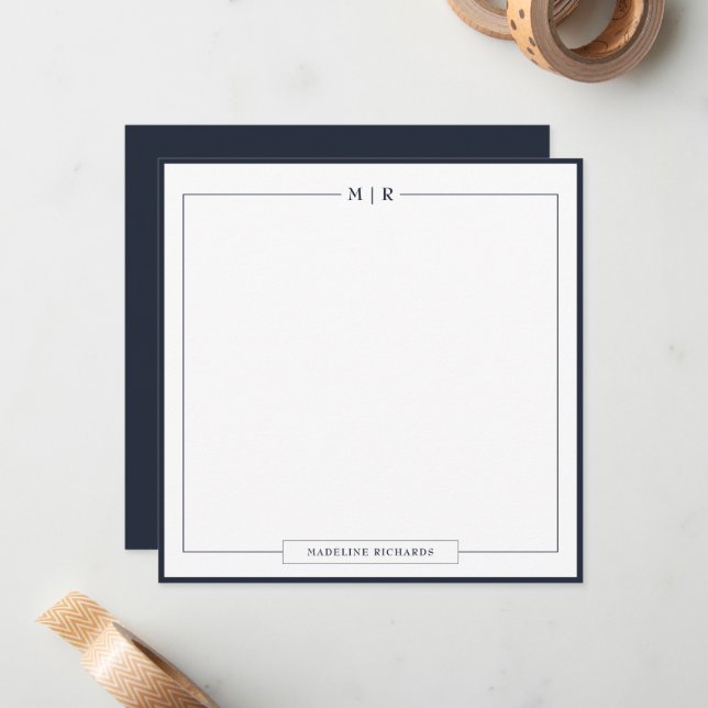 Tarjeta Pequeña Classic Monogram Navy Blue Border Stationery (Anverso/Reverso In Situ)
