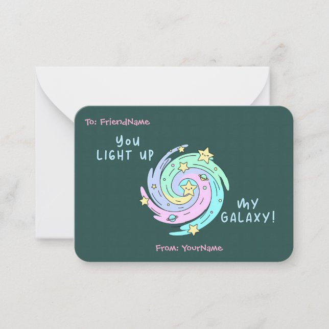 Tarjeta Pequeña Classroom Valentines Card – You Light Up My Galaxy (Anverso)