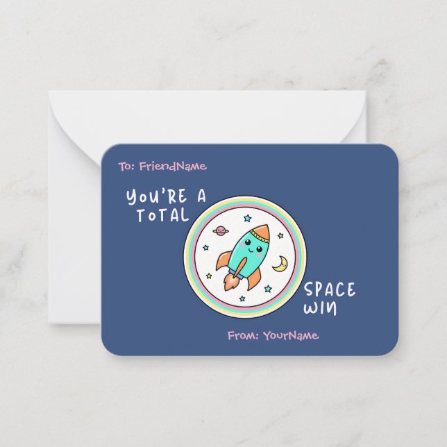 Tarjeta Pequeña Classroom Valentines Card You’re a Total Space Win (Anverso)