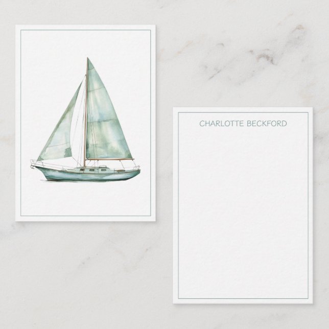 Tarjeta Pequeña Coastal Blue Watercolor Sailboat Personalized (Anverso / Reverso)