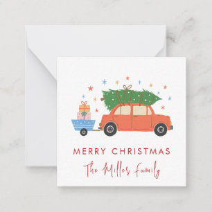 Tarjeta Pequeña Coche retro lindo con árbol de Navidad Fiesta
