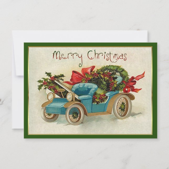 Tarjeta Pequeña Cochecito azul vintage de Navidad (Anverso)