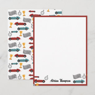Tarjeta Pequeña Coches de carreras retro vintage rápidos azules y 