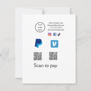 Tarjeta Pequeña Código Q R barrido PayPal venmo pay add social med