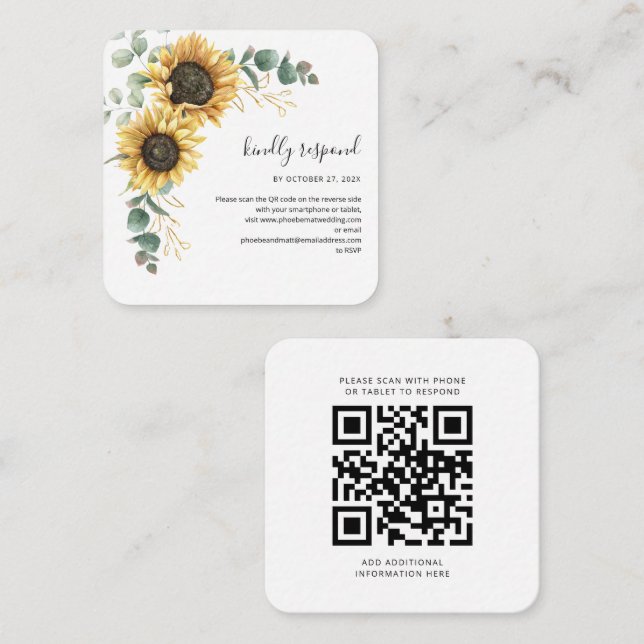 Tarjeta Pequeña Código QR de RSVP de boda de girasol de eucalipto (Anverso / Reverso)