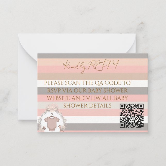 Tarjeta Pequeña Código QR de RSVP de Rayas Grises Rosadas (Anverso)