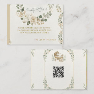 Tarjeta Pequeña Código QR Floral Verde Salvia y Marfil para RSVP