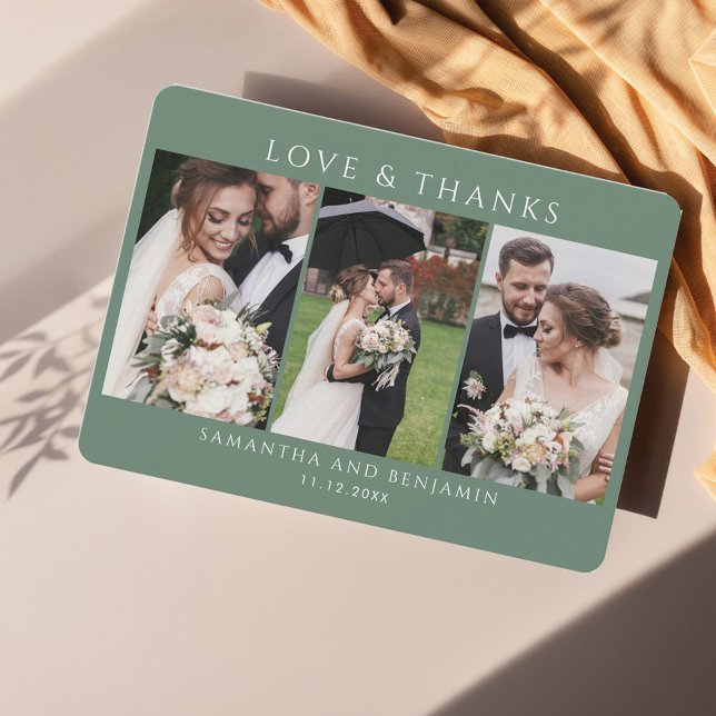 Tarjeta Pequeña Collage de fotos del Día de la Boda Gracias (Love and Thanks Wedding Thank You Photo Collage Card)